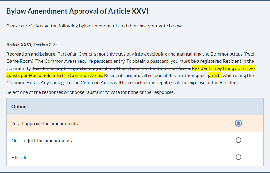 Bylaw typed out and formatted directly on the ballot, using strikethrough and highlight formatting