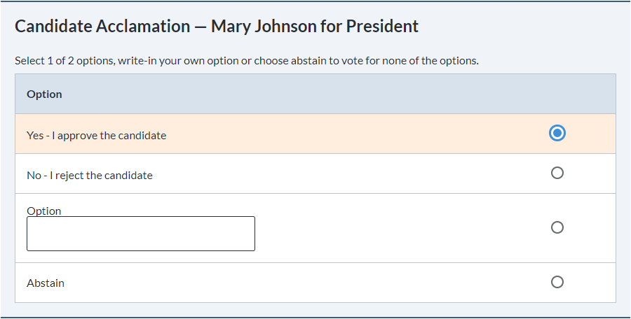 Candidate acclamation ballot with write-in