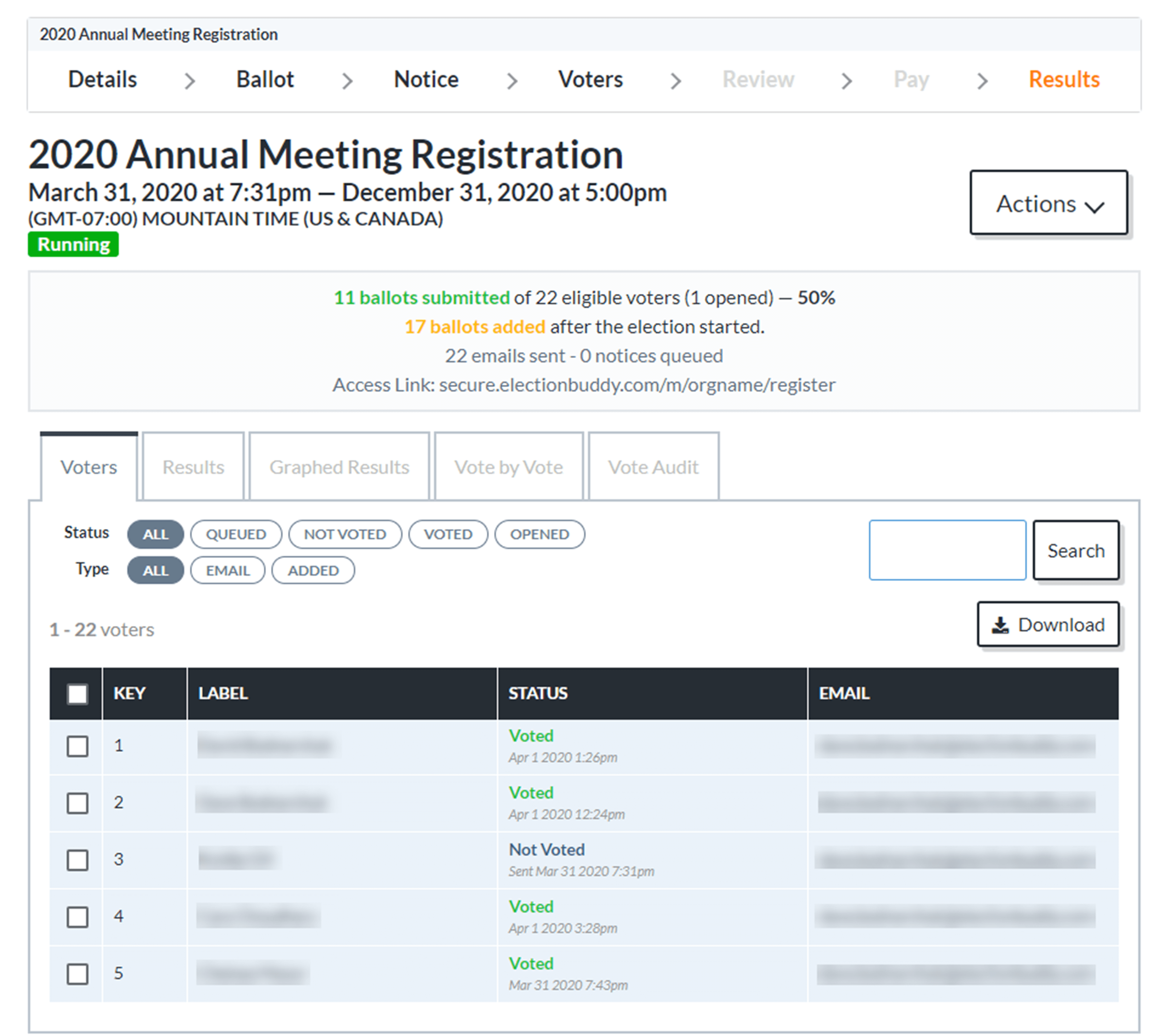 Screenshot of Voting Results – viewing the results, selecting the winners and sharing the results.
